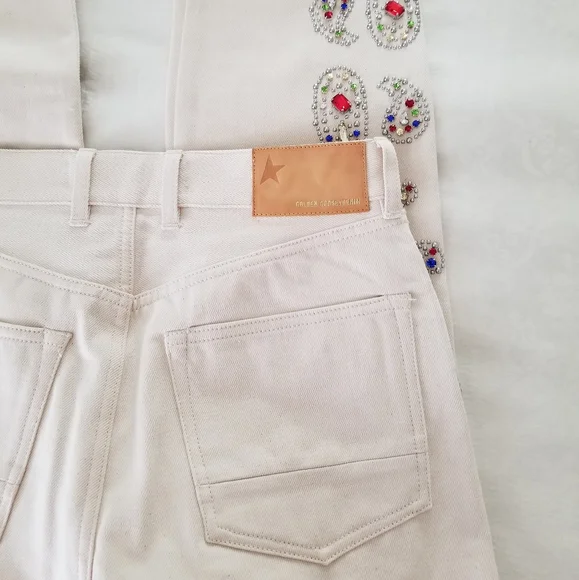 Golden Goose Texas Paisley Embroidery Ivory Straight Raw-Cut Crop Jeans … - Picture 7 of 14